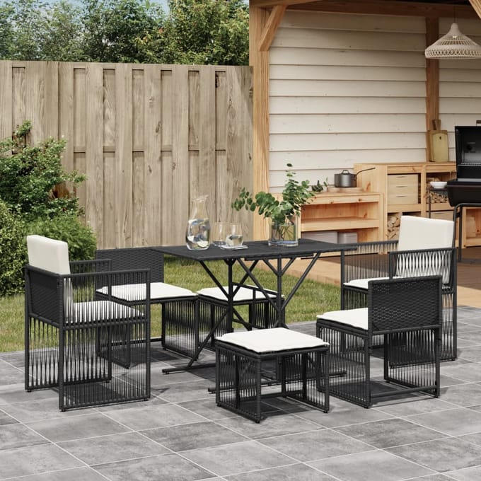 vidaXL - 7-delige - Tuinset - met - kussens - poly - rattan - zwart