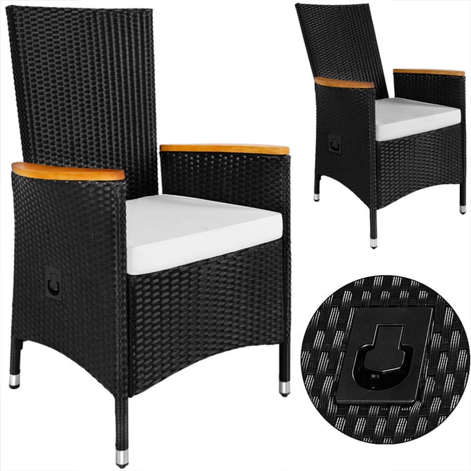 Polyrattan tuinstoel set van 2 zwart verstelbare rugleuning armleuning acaciahout weerbestendig