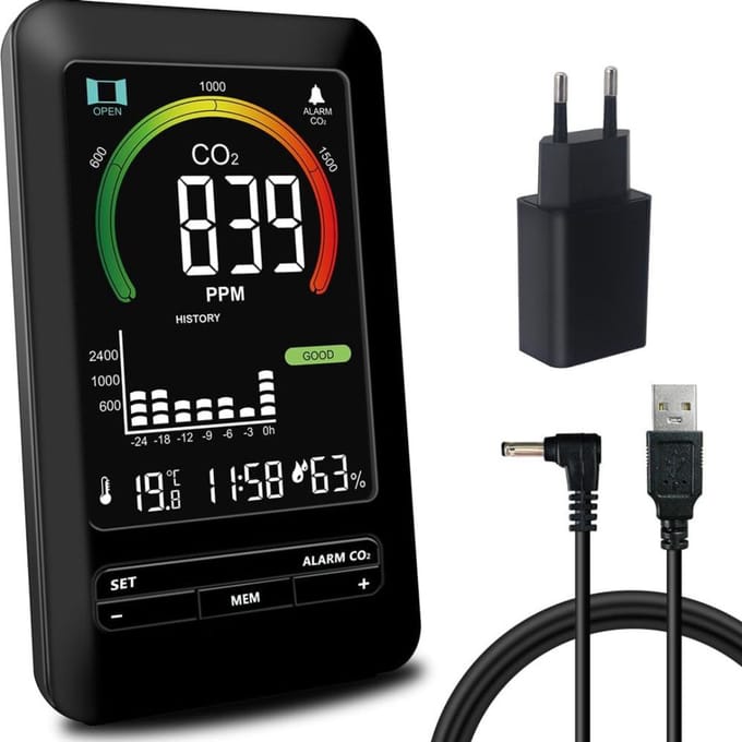 CLVP® Fijnstofmeter - Luchtkwaliteitsmeter Voor Binnen - Co2 Meter - Zwart