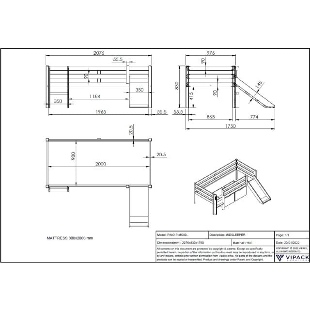 LUCEVI - Pino Halfhoogslaper met Glijbaan 90x200cm - Wit - H85CM