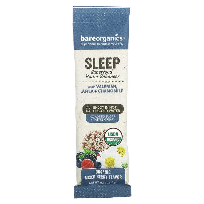 BareOrganics, Sommeil, Améliorateur d'Hydratation Superaliment, Saveur Baies Mixtes Bio, 12 Bâtonnets, 0.21 oz (6g) Chaque