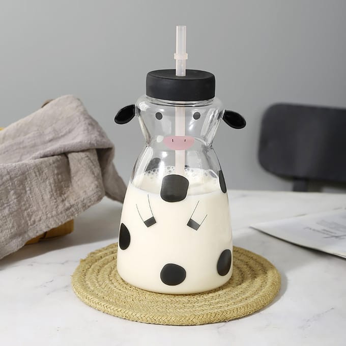 Tasse créative en verre avec paille en forme de vache, 600 ml white