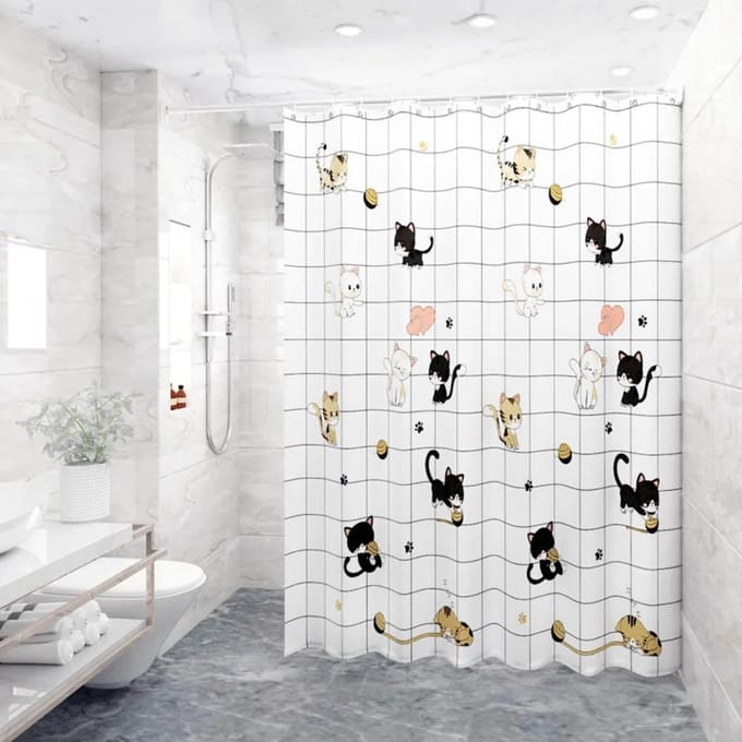 Impression Simple Rideau de Douche de Salle de Bain Décoration de Maison Polyester Imperméable Baignoire Rideau de Douche Créatif avec Crochets Pusheen 120x180cm white