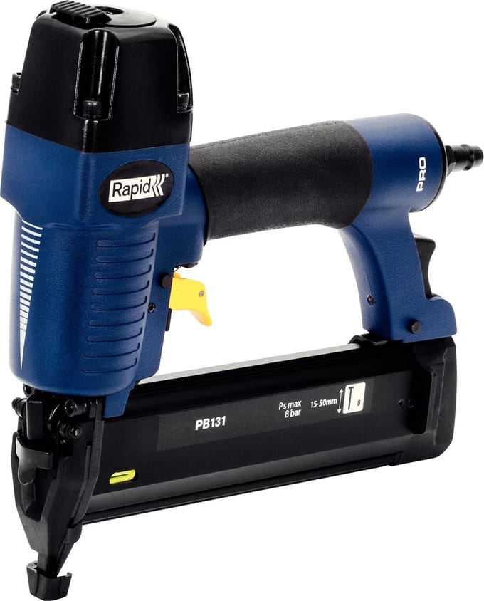 Rapid Professionele Pneumatische Tacker - Magnesium Behuizing - 360° Luchtuitlaat - Regelbare Inslagdiepte - Blauw/geel