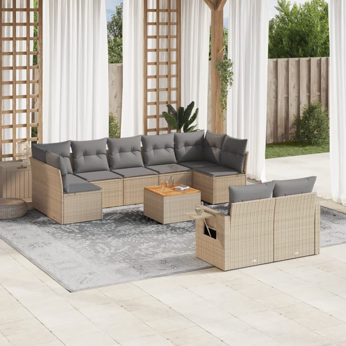 vidaXL - 10-delige - Loungeset - met - kussens - poly - rattan - gemengd - beige