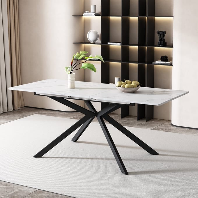 Wishdor - Uitschuifbare Eettafel - Kruispoot - Marmerlook - Modern - MDF En Metaal - Zwart Wit