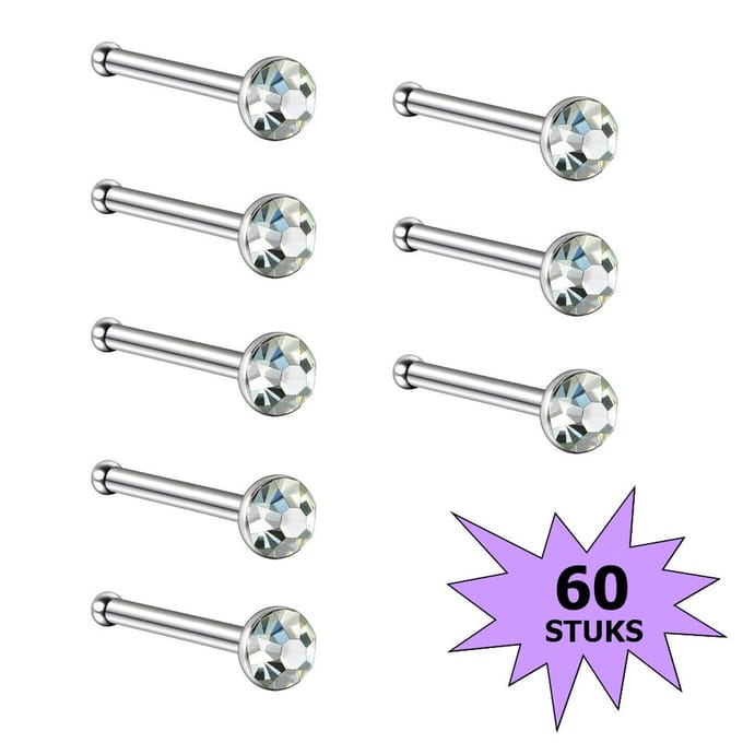 Fako Bijoux® - Neuspiercing - Staafje Kristal - 3.0mm - Wit - 60 Stuks
