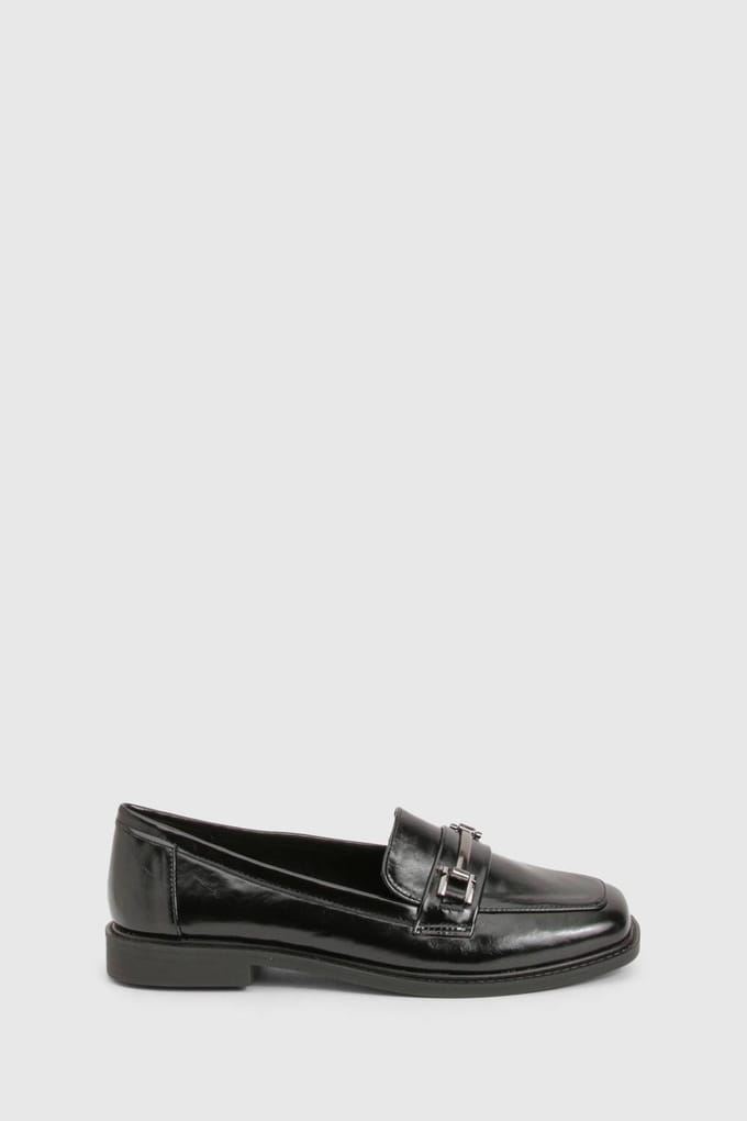 boohoo Dames Loafers met brede pasvorm en hardwaredetails | Black | Maat: 3