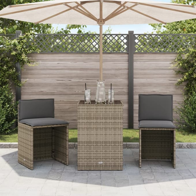 vidaXL - 3-delige - Bistroset - met - kussens - poly - rattan - grijs