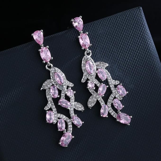 Nouvelles Boucles d'Oreilles Longues Zircon Rose Feuille Japonaises et Coréennes pour Soirée black