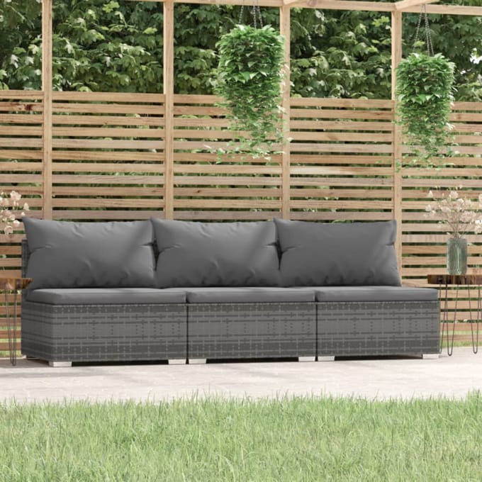 vidaXL - Driezitsbank - met - kussens - poly - rattan - grijs