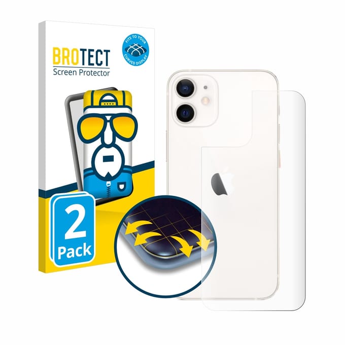 BROTECT - Screenprotector voor Apple iPhone 12 mini (Achterkant) - Folie Beschermfolie transparant volledig dekking - 2 Stuks
