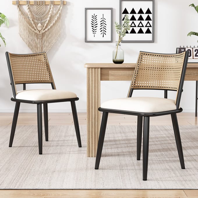 PU eetkamerstoelen - set van 2 - rotan rugleuning - woonkamer - slaapkamerstoel - zwart