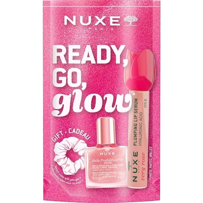 Nuxe Ready, Go, Glow Pink Set 18 ml - Lip Volume Serum 8ml/Dry Oil 10ml/Scrunchie