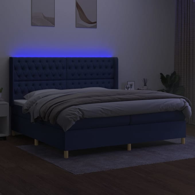 vidaXL - Boxspring - met - matras - en - LED - stof - blauw - 200x200 - cm