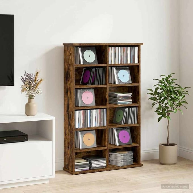 vidaXL - CD - Kast - Gerookt - eiken - 60 - x - 17 - x - 92 - cm - Bewerkt - hout