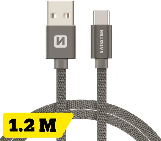 Swissten USB-C naar USB-A Oplaadkabel - 1.2M - Gevlochten Nylon - Snellaadkabel & Datakabel - Grijs