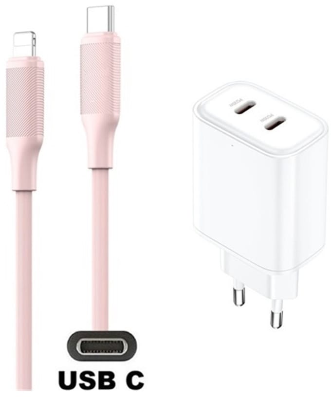 35W super snellader met 2 poorten USB C en USB C + 1,0m USB C naar Lightning kabel. Universele PD lader. Oplader adapter past op Apple iPhone SE 2, iPhone 8, 8 Plus, iPhone 10, iPhone X, iPhone XR, iPhone XS, iPhone XS Max