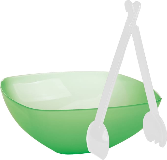 Serveerschaal/slakom - groen - kunststof - 30 cm - met sla bestek/couvert