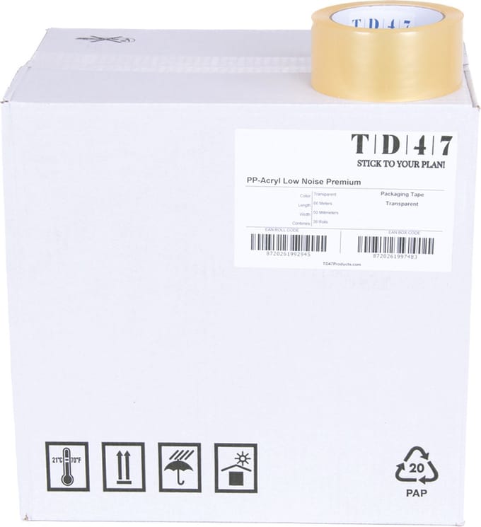 TD47 Verpakkingstape PP low noise Premium 48mm x 66m Transparant (Doos 36 Rollen)