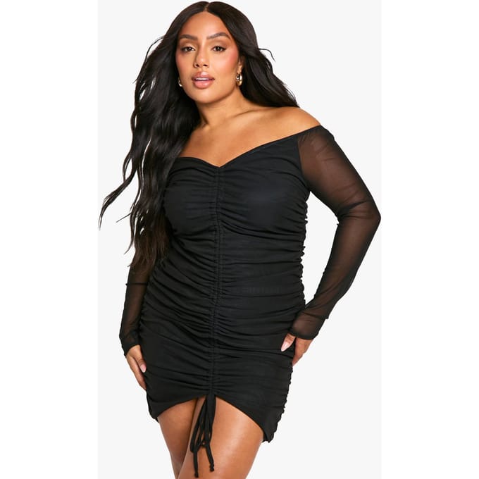 boohoo Dames plus mesh geruched Bardot mini | Black | Maat: 28