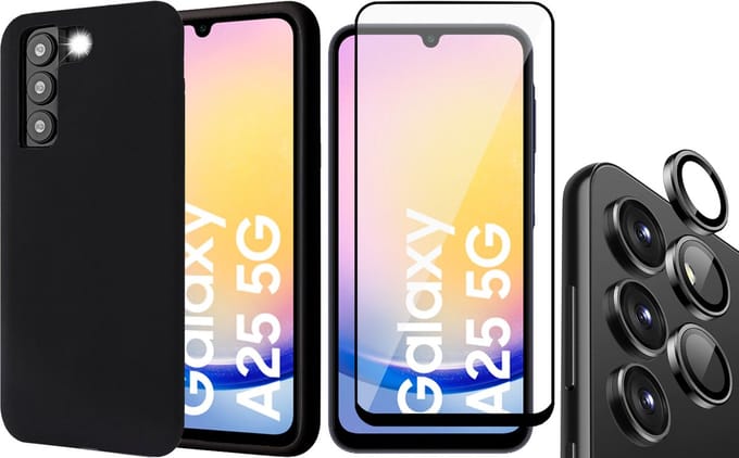 Hoesje geschikt voor Samsung Galaxy A25 / A24 - Screenprotector Volledig Dekkend Glas & Camera Protector - Mat Back Case Zwart