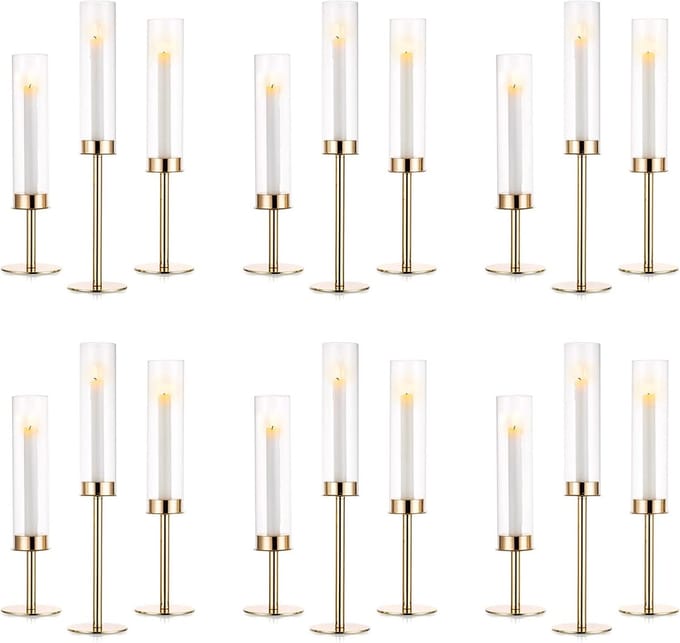 Kaarsenstandaard Set - Winddichte houders - Sfeervolle Decoratie - Drie Hoogtes - 18 Stuks - Goud