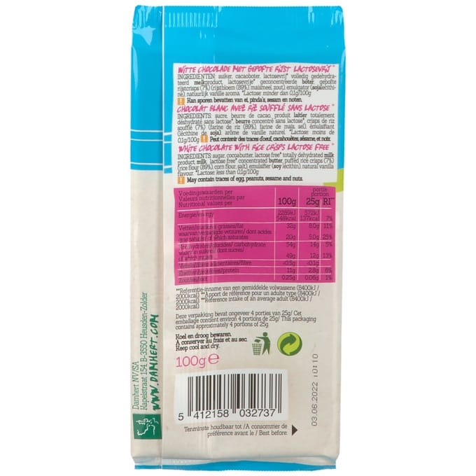 Damhert Lactose Free Witte Chocoladetablet Crisp Gluten 100 Chocolade