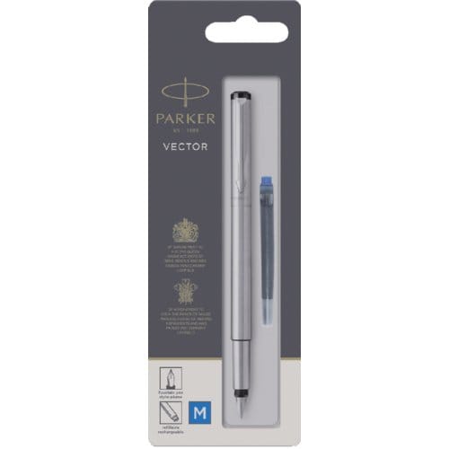 Parker Vector-vulpen | roestvrij staal met chrome afwerking | mediumpunt | blauwe inkt | hangtab
