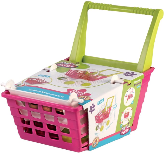 Androni Giocattoli speelgoed winkelwagen roze groen 2in1 winkelmand.