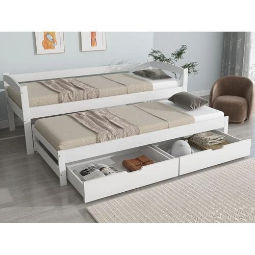 ModernLuxe Onderschuifbed met 2 lades - 200x90cm & 190x90cm - massief hout + MDF - wit