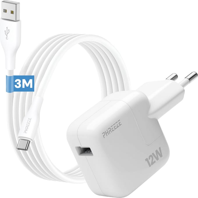 Phreeze usb lader 12 W - Usb A naar usb C kabel 3 meter - Lange usb C kabel voor tablet en telefoon