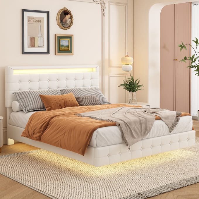 Tweepersoonsbed - 140x200 cm - met LED en Verstelbaar Hoofdbord - PU - Wit