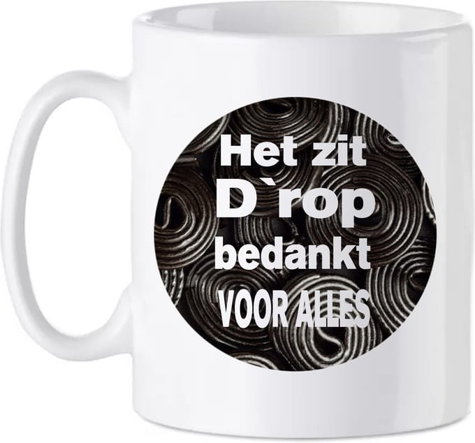 Bedrukte beker Het zit d`rop - afscheid - meester - juf - koffie mok - school - quote - spreuk -leraar