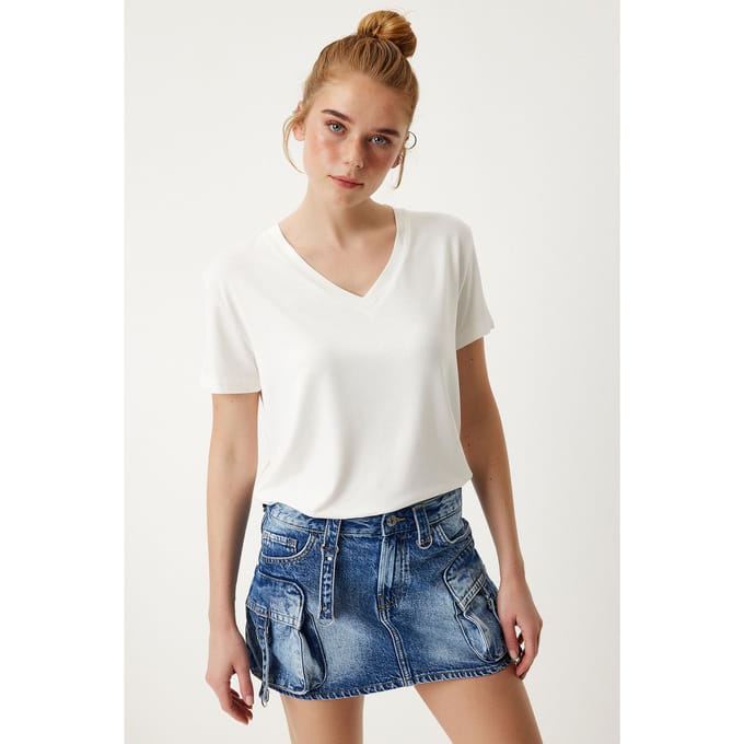 V-hals Korte Mouwen Effen T-shirt