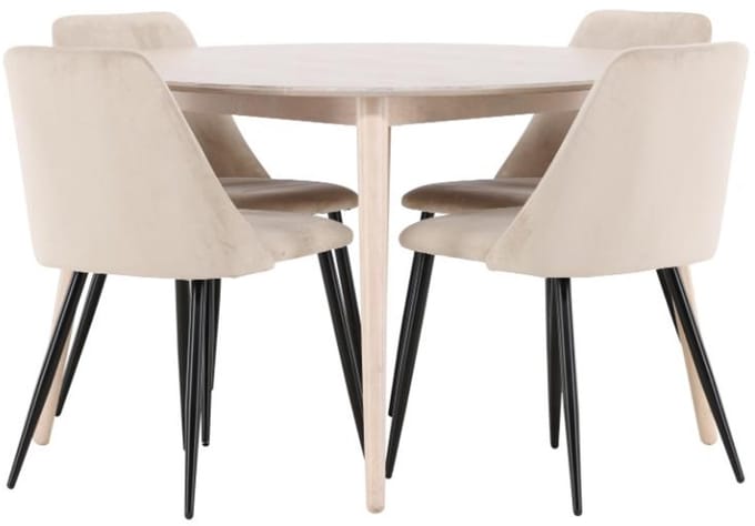 Flora eethoek tafel Ø120cm en 4 stoelen whitewash, beige.
