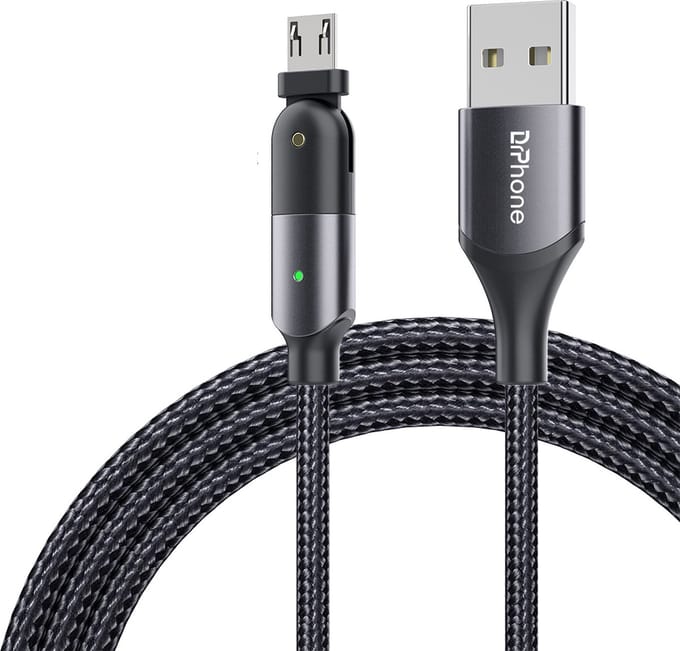 DrPhone D20 - 180º Draaiende Kabel - Nylon Oplaadkabel - Voor Micro USB - Data Transmissie + Laden - 1.2 Meter - Zwart