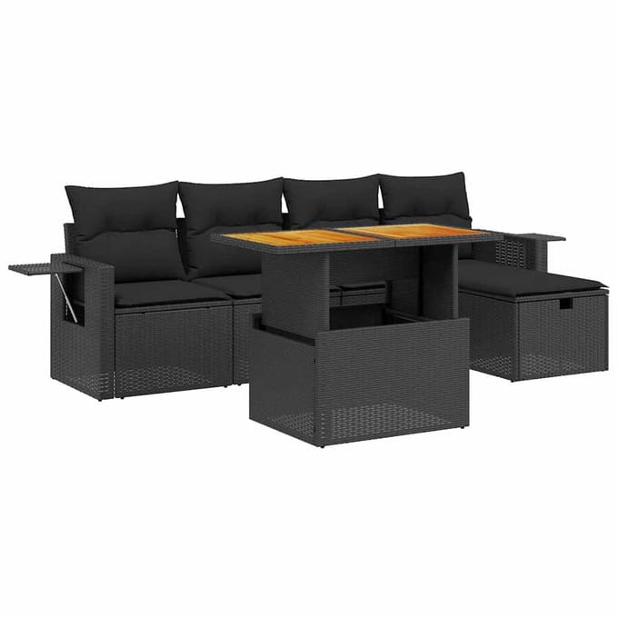 vidaXL - 6-delige - Loungeset - met - kussens - poly - rattan - zwart