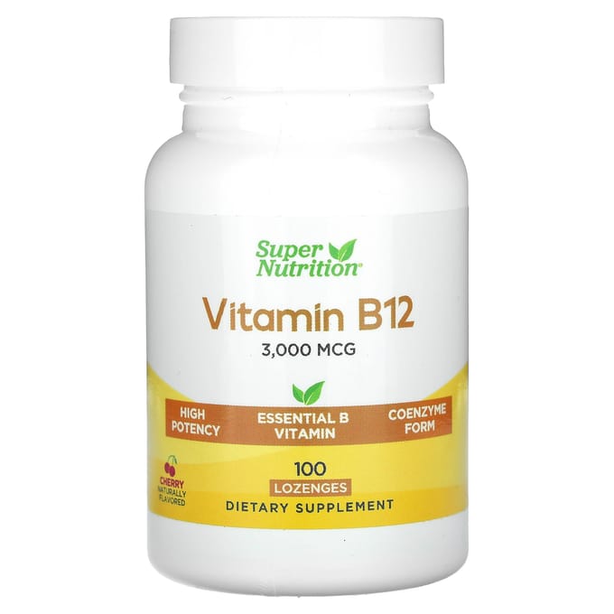 Super Nutrition, Vitamine B12, Saveur Cerise, 3 000 mcg, 100 Pastilles