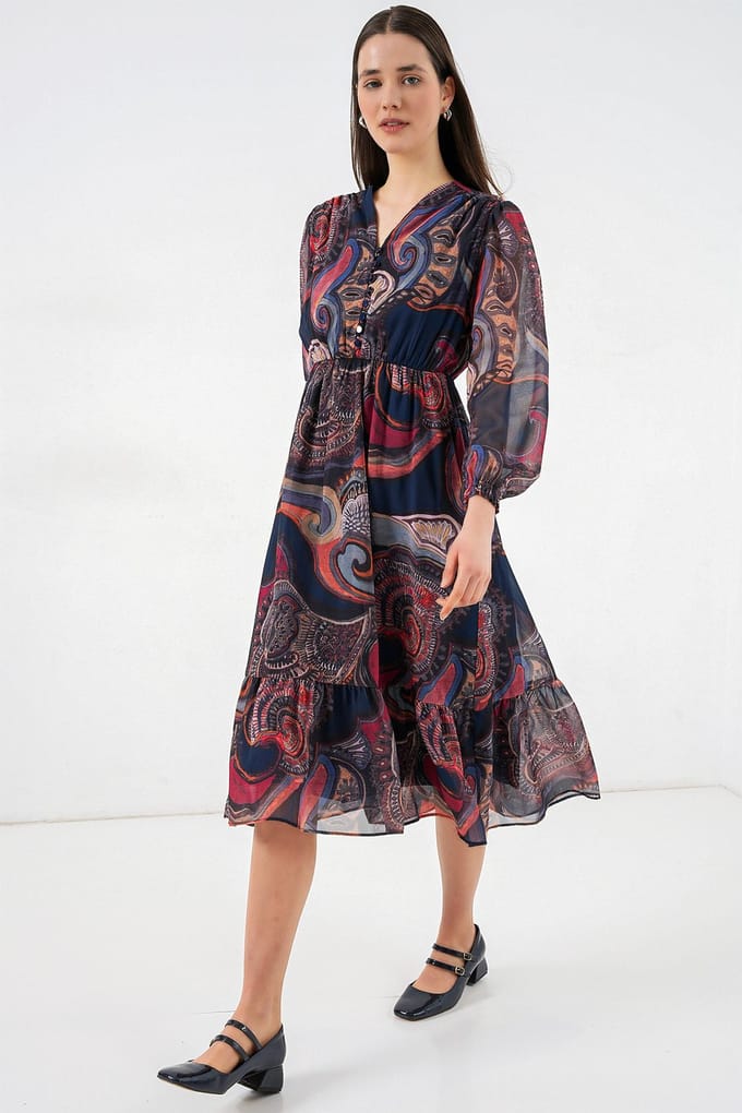 V-hals Midi-jurk met knoopsluiting