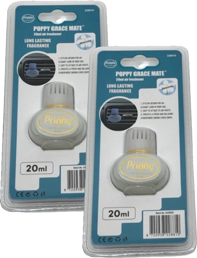 Mini Poppy Grace Mate – Vent Clip Auto Luchtverfrisser – Jasmijn – 20 ml – Set van 2 stuks