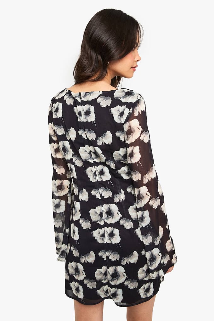 boohoo Dames Bloemen Chiffon Diep Uitgesneden Mini Jurk | Black | Maat: 8