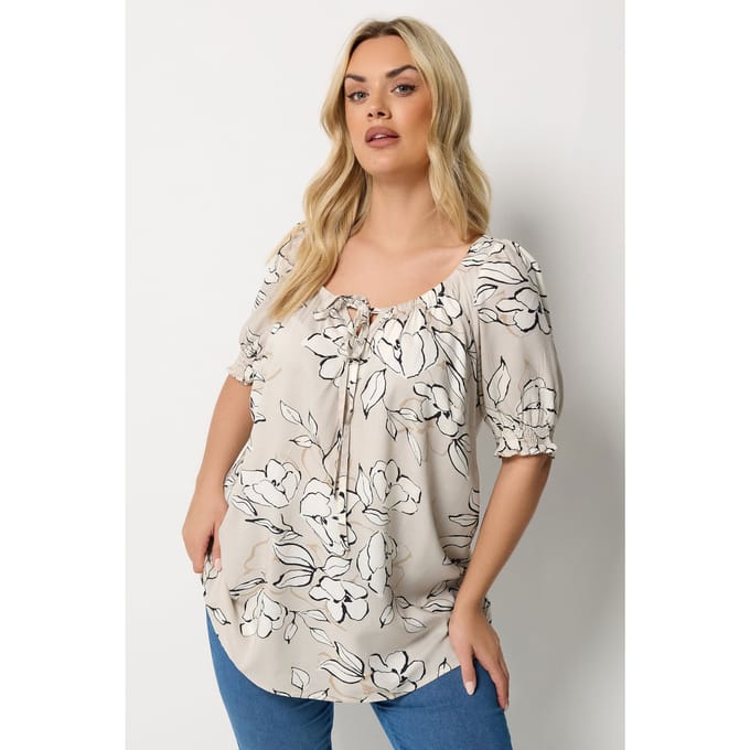 Yours Naturelbruine Blouse Met Bloemenprint En Striksluiting Size 44