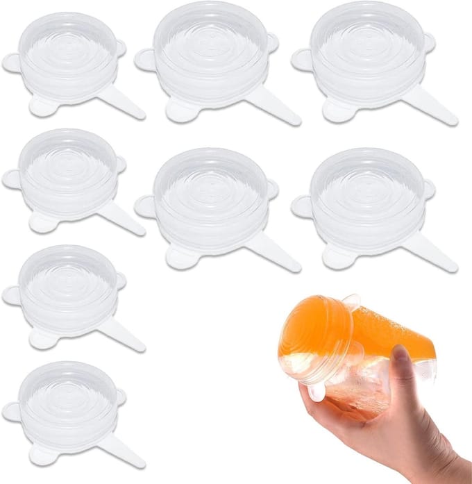 Set van 8 Rekbare Siliconen Deksel voor Kommen, Glazen en Voedselcontainers, Transparant, 6.5/9 cm