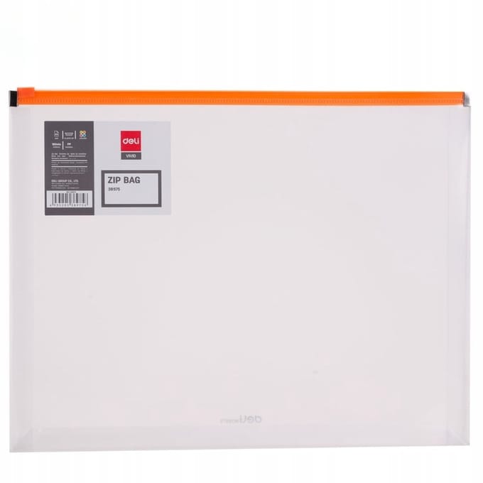 Deli A4 Transparante PP Organizer Map met Rits, Horizontaal, Oranje