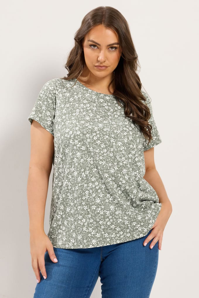 Yours Saliegroen Basic Tshirt Met Bloemenprint Size 42