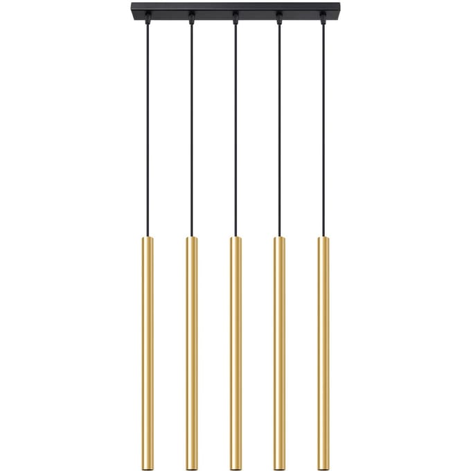 Hanglamp PASTELO 5L met 5 slanke buizen in lijn - Sollux Lighting - IP20 - Glanzend goud staal behuizing - 45 x 5 x 90 cm - 5 x G9 LED, exclusief lichtbron - 5 x 8 W - Moderne hanglamp voor woonkamer, slaapkamer en eetkamer