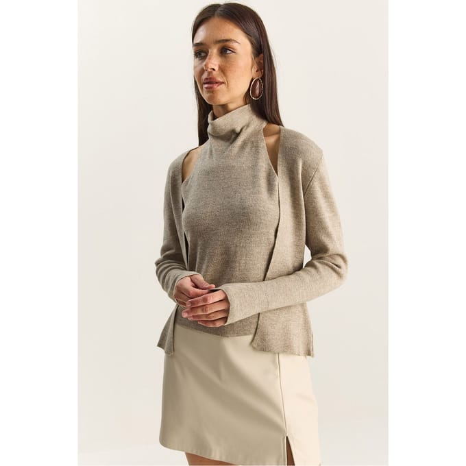 Halve Col Uitgesneden Geribbelde Blouse