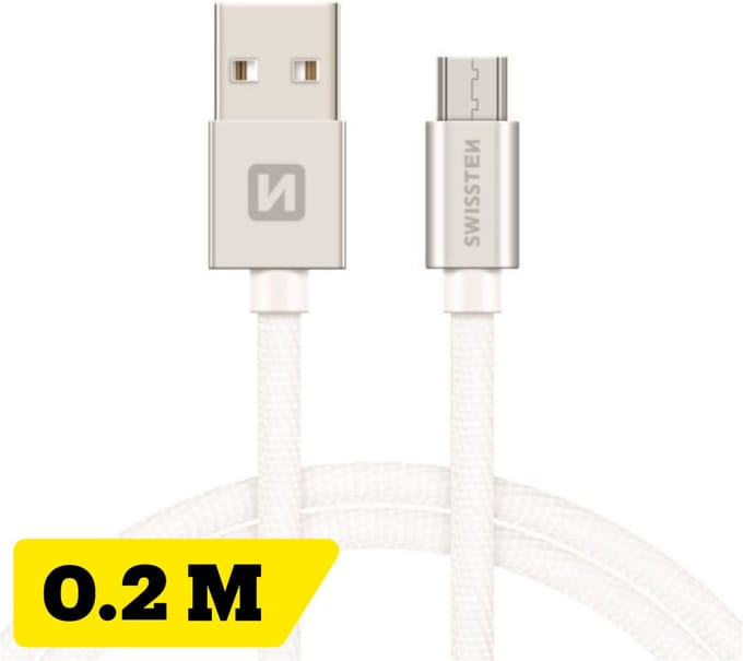 Swissten Korte Micro‑USB Oplaadkabel 20 cm – voor Samsung, Android, Powerbank & PS4 Controller – USB‑A Kabel – Zilver