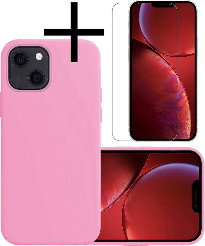 Hoesje - Met Screenprotector - Geschikt voor Apple iPhone 14 Plus - Sterk & Shockproof - Back Cover - Siliconen Case - Telefoon Hoes - Lichtroze